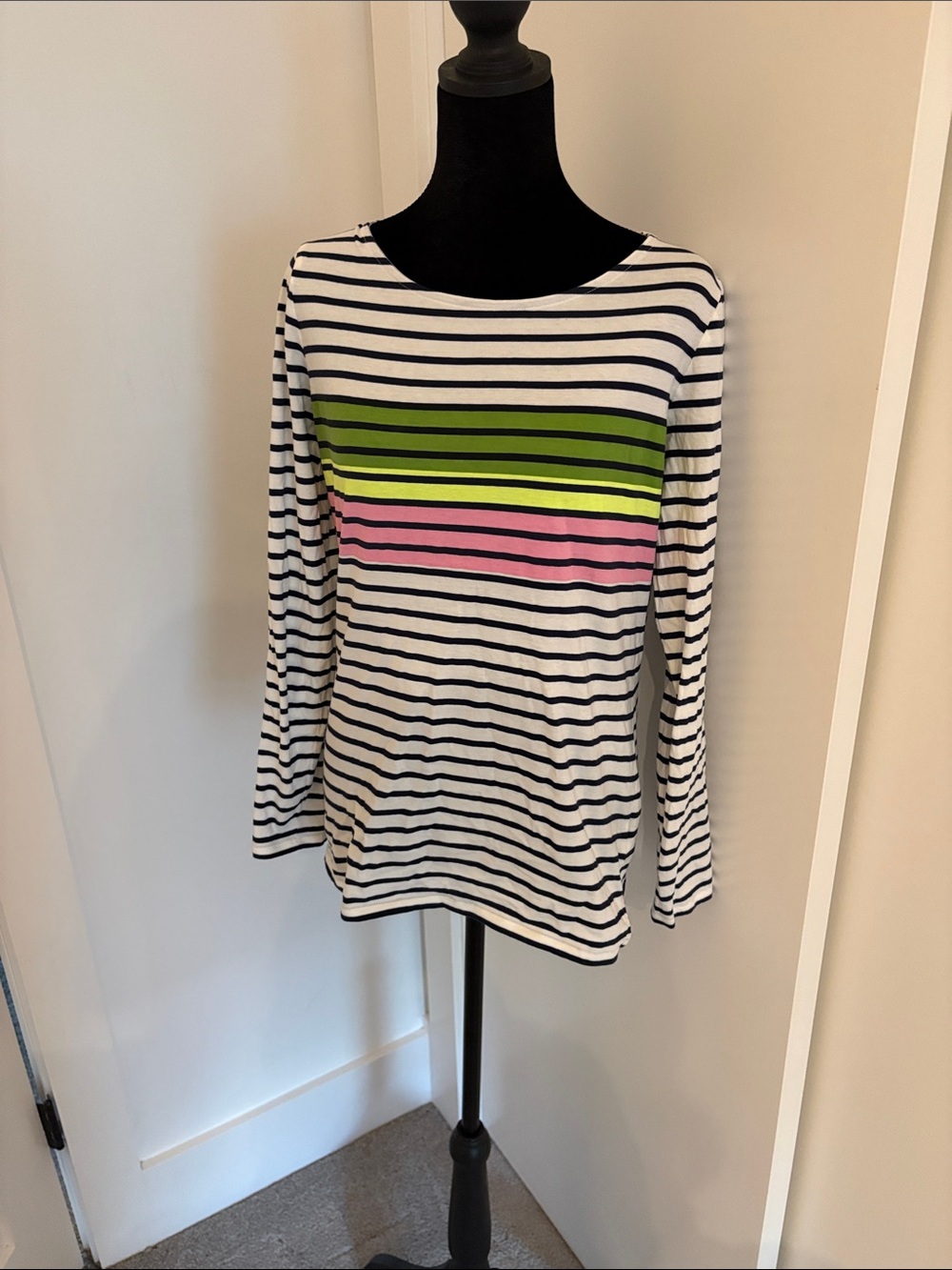 Boden Black & White Striped Long-Sleeve Top with Green and Pink Bands